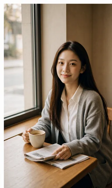 Woman in a white shirt and grey cardigan sitting at a corner cafe table with a coffee cup and folded newspaper