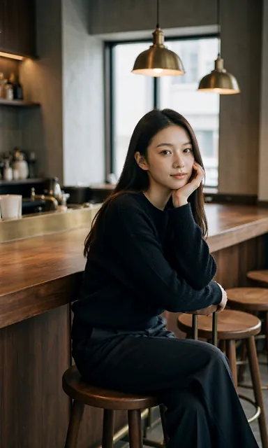 Woman in a dark knit top sitting on a wooden stool at a long cafe counter under warm pendant light