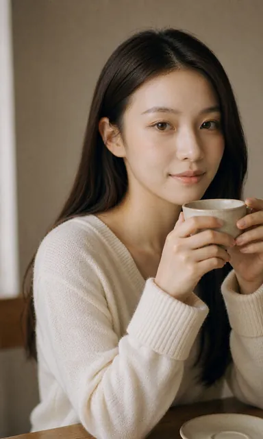 Close detail of hands wrapped around a small ceramic coffee cup on a wooden table in soft window light