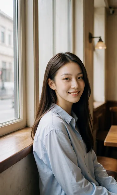 Woman in a light blue cotton shirt sitting in a deep cafe window seat with her back against the glass