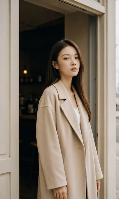 Woman in a beige coat standing in the open doorway of a small cafe with a dark interior behind her