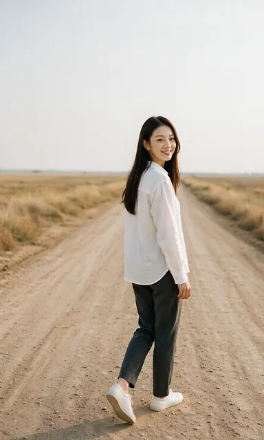 Woman in a white linen shirt walking along the middle of an empty dirt road between open fields under overcast sky