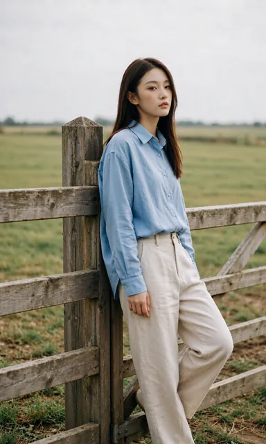 Woman in a blue cotton shirt leaning against a wooden gate post with one foot on the lower rail in a field