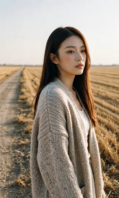 Woman in a heavy knit cardigan standing at the edge of a harvested field looking across the stubble