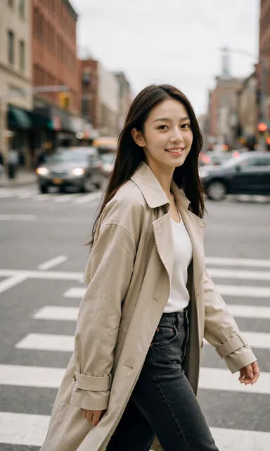 Woman in a light trench coat walking across a city crossing mid-stride with traffic blurred behind