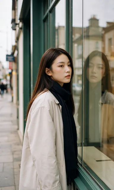 Woman in a light coat standing at a shop window with her reflection doubled against the display inside