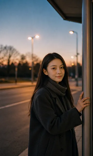 Woman in a heavy dark coat waiting at a bus stop at dusk looking down an empty road under a sodium street lamp