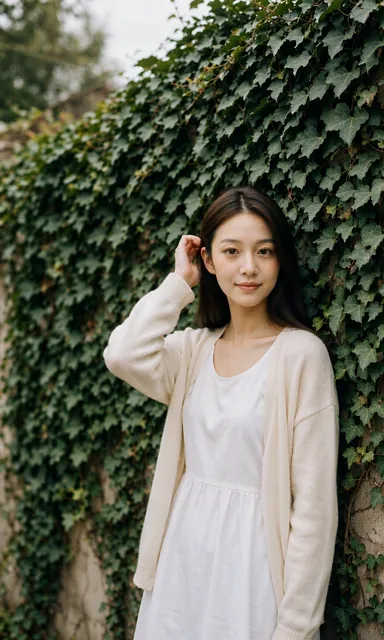 Woman in a white cotton dress standing against an old garden wall covered in ivy under soft overcast light