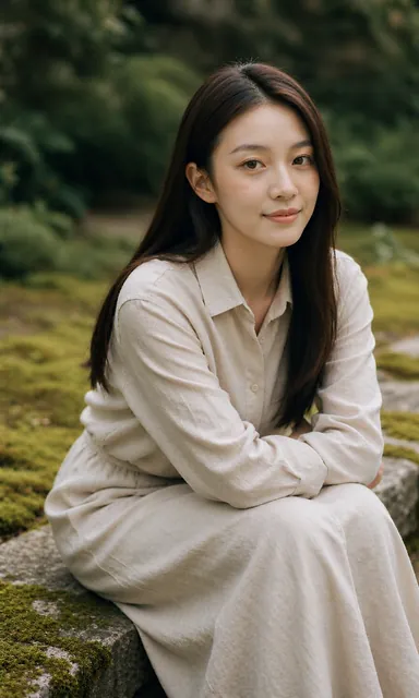 Woman in a linen shirt and skirt sitting on a moss-covered stone step in an old garden under overcast light