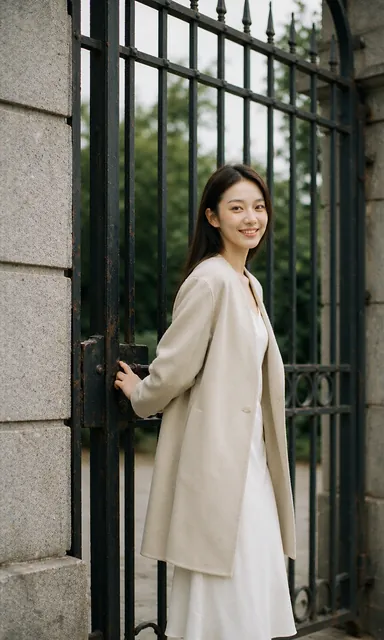 Woman in a light summer coat standing at an old iron gate with one hand on the latch in overcast daylight
