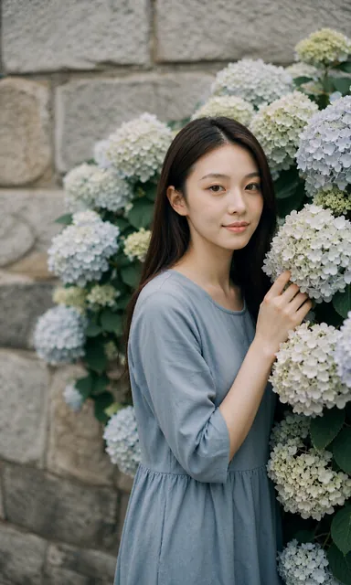 Woman in a blue-grey cotton dress standing beside pale hydrangeas against an old stone wall