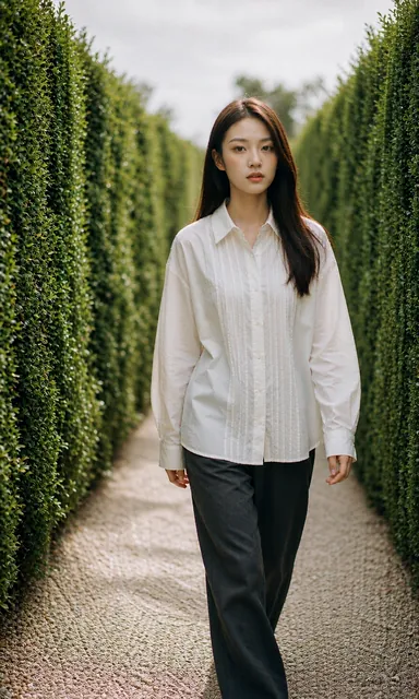 Woman in a white cotton shirt walking a narrow gravel path between tall clipped hedges under overcast light