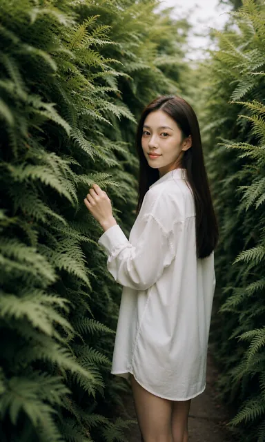 Woman in a white shirt walking along a narrow aisle of dense ferns with one hand brushing the leaves