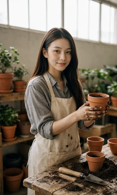 Woman in a grey shirt and canvas apron standing at a wooden potting bench with soil on her hands
