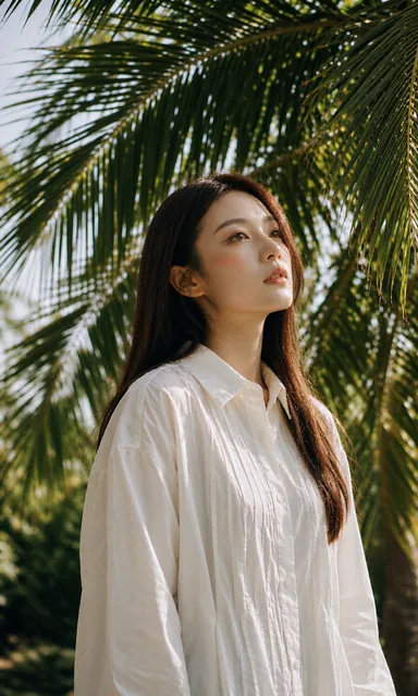 Woman in a white cotton dress standing beneath arching palm fronds looking up into them in dappled light