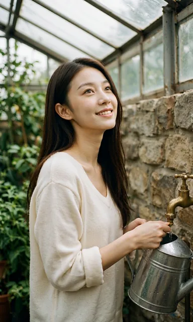Woman filling a metal watering can at an old brass tap set into a stone wall inside a greenhouse