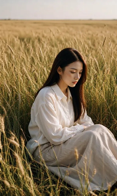 Woman in a linen shirt sitting in tall summer grass with her legs folded to one side in warm side light