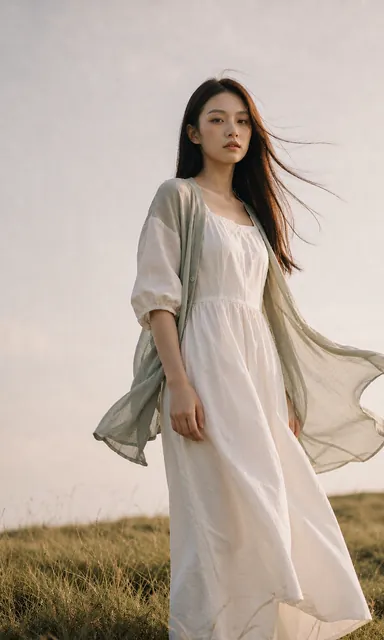 Woman in a white cotton dress standing on a low grassy hill with her hair and dress moving in the wind