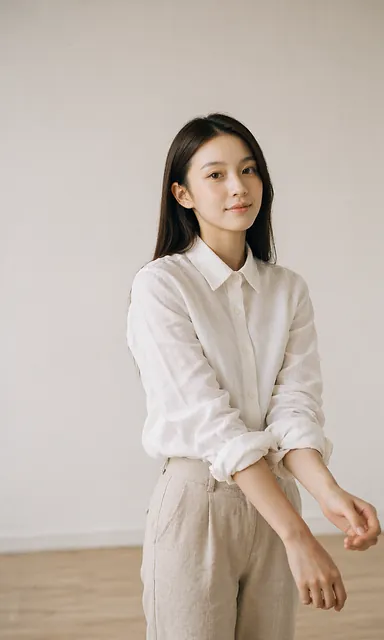 Woman in a white linen shirt folding one sleeve back in an empty white room with a pale wooden floor and bright morning light