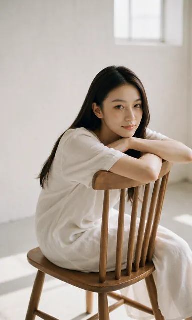 Woman in a white linen dress sitting backwards on a wooden chair in a bare bright room with light from a high window