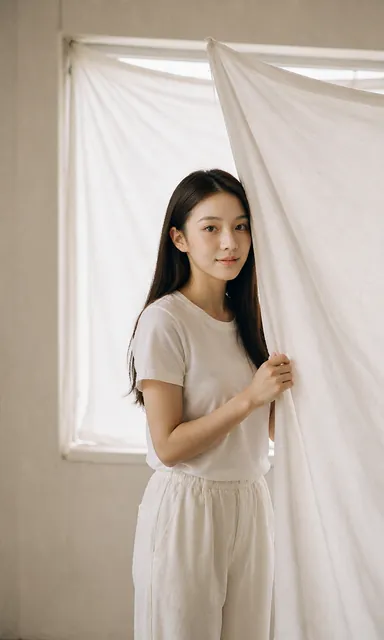 Woman in white cotton standing half visible behind a large white sheet hung across a bright window