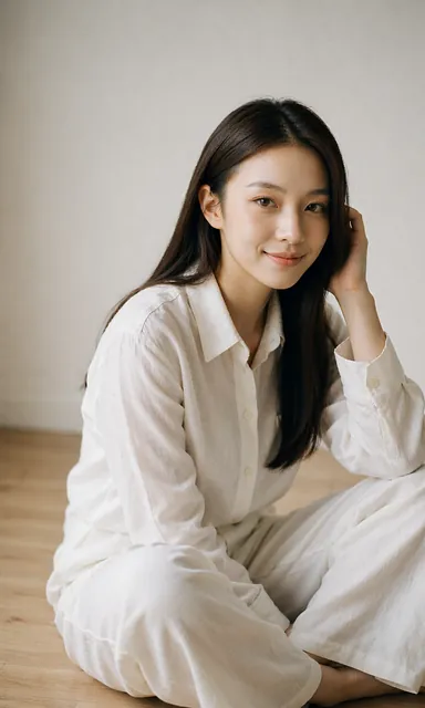 Woman in white linen sitting cross-legged on a pale wooden floor against a plain white wall in soft daylight