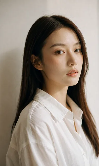 Close portrait of a woman in a white linen shirt with an open collar against a plain white wall in soft daylight