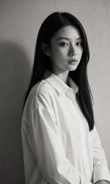 Black and white close portrait of a woman with half her face lit by hard directional light against a plain plaster wall