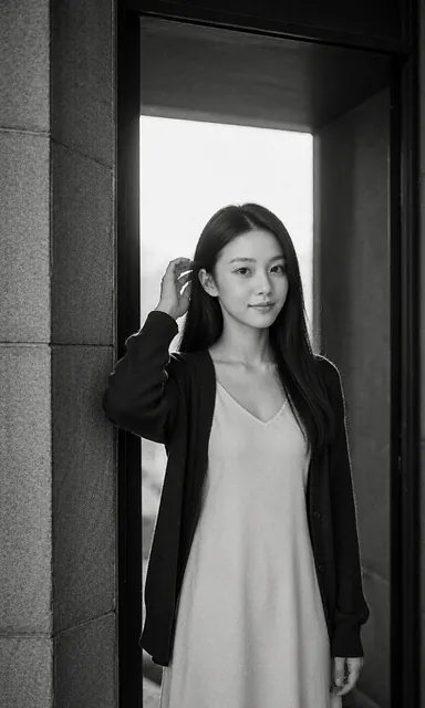 Black and white full length portrait of a woman standing in a dark stone doorway framed by bright exterior light