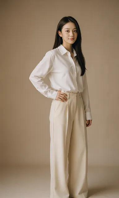 Full length studio portrait of a woman in a white shirt and cream trousers against a beige seamless backdrop