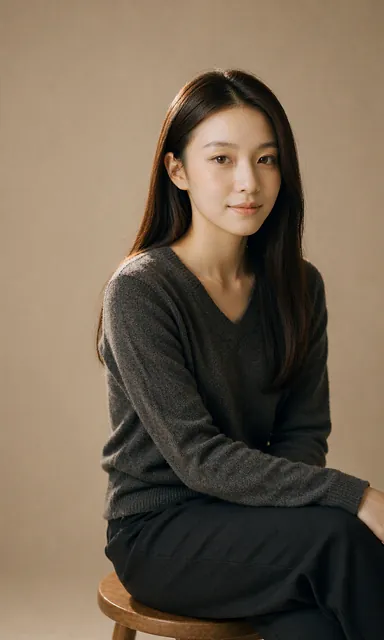 Woman in a charcoal knit top sitting on a wooden stool against a beige studio backdrop with soft key light