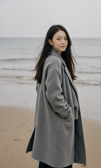 Woman in a long wool coat standing alone on an empty beach facing a flat grey sea in cold overcast light