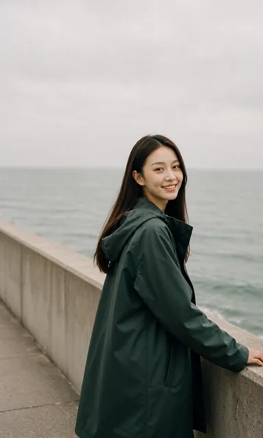 Woman in a dark green waterproof coat walking a concrete promenade railing above a grey sea in overcast light