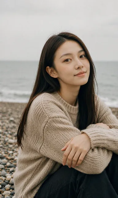 Woman in a heavy oatmeal knit sitting on a pebble beach with her knees drawn up, facing a grey sea