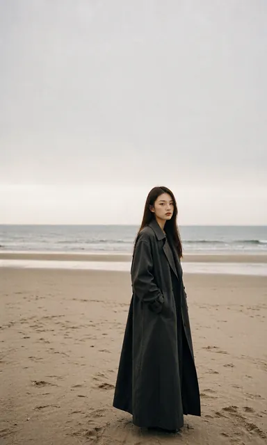 Wide environmental photograph of a woman in a long dark coat standing small in the frame on an empty beach facing the sea