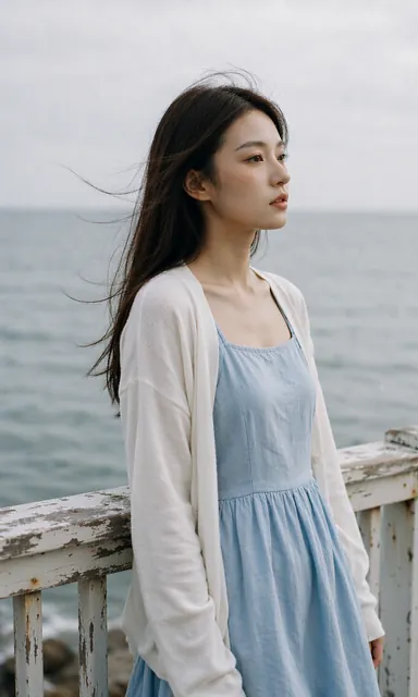 Woman in a light blue cotton sundress and thin cardigan standing at a weathered seaside railing on an overcast day