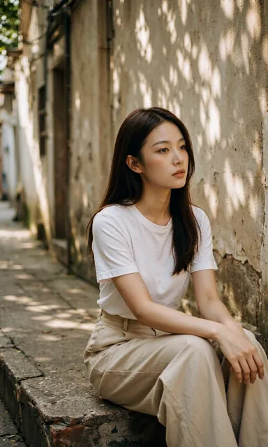 Woman in a white t-shirt and beige wide-leg trousers sitting on stone steps in a narrow plaster alley with dappled light