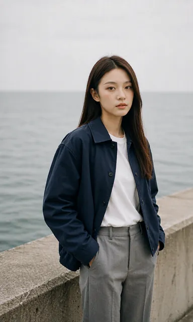 Woman in a navy cotton jacket standing on a concrete breakwater beside a calm grey sea under flat overcast light