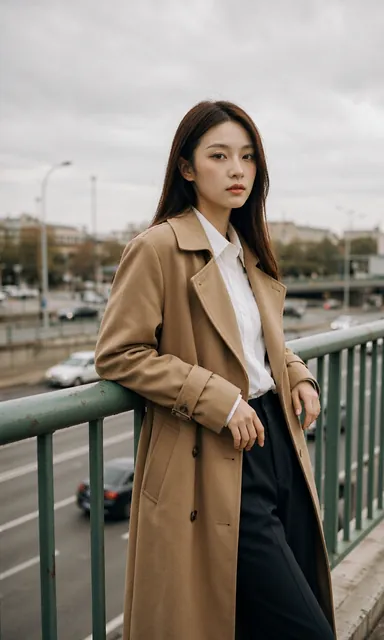 Woman in a long camel trench coat leaning against a painted green railing on a pedestrian footbridge in overcast light