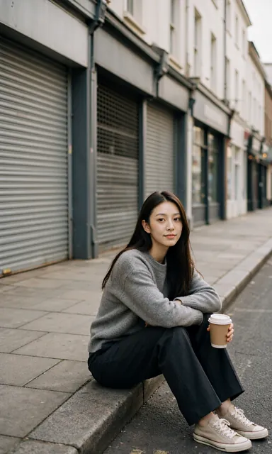 Woman in a grey wool sweater sitting on a concrete kerb with elbows on her knees on an empty city street in early morning