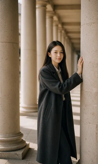 Woman in a long dark wool coat standing between stone columns in a covered arcade with stripes of daylight