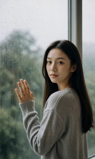 Woman in a grey knit sweater standing with one hand on a rain-streaked window, looking out into grey daylight