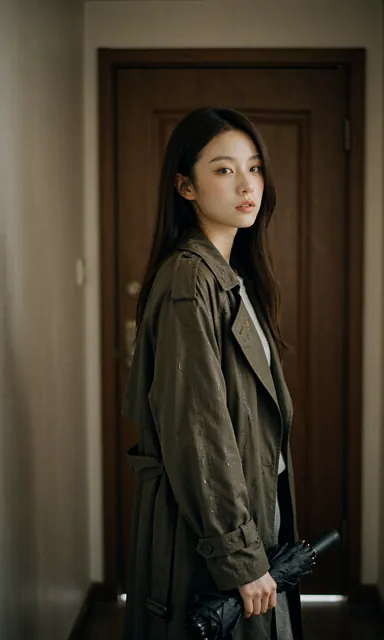 Woman in a damp trench coat standing just inside a narrow entry hall holding a folded umbrella, dim interior light