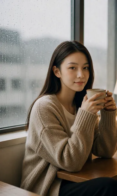 Woman in an oatmeal cardigan sitting at a wooden table by a rain-covered window holding a wide cup, soft grey light