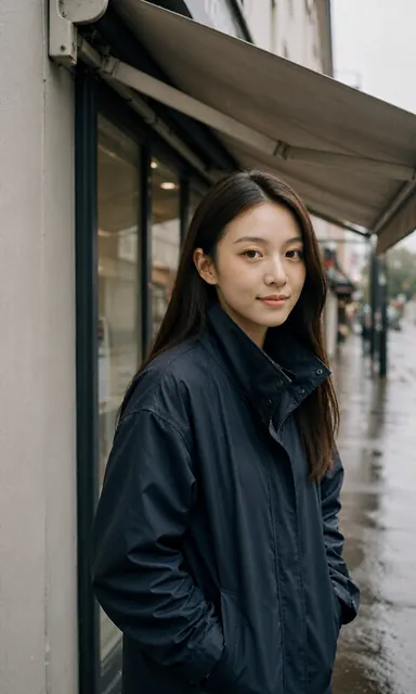Woman in a dark waterproof jacket with the collar up standing under a shop awning looking out at the rain