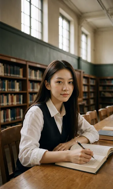 Woman in a white shirt and dark waistcoat sitting at a long wooden table in an old reading room with open books