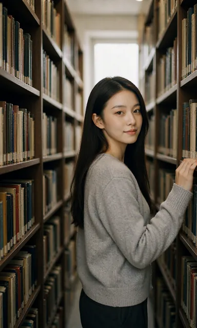 Woman in a grey knit standing in a narrow aisle between tall bookshelves, dim light with a bright gap at the end