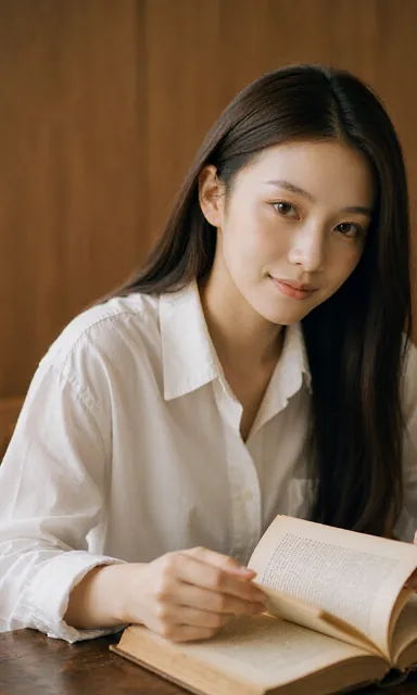 Close detail of a woman in a white shirt turning a page of an old book on a dark wooden desk in raking light