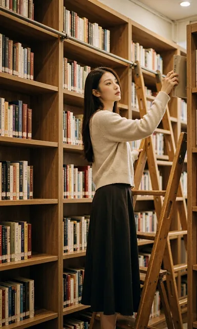Woman in a long dark skirt standing on a wooden library ladder reaching for a book on a high shelf