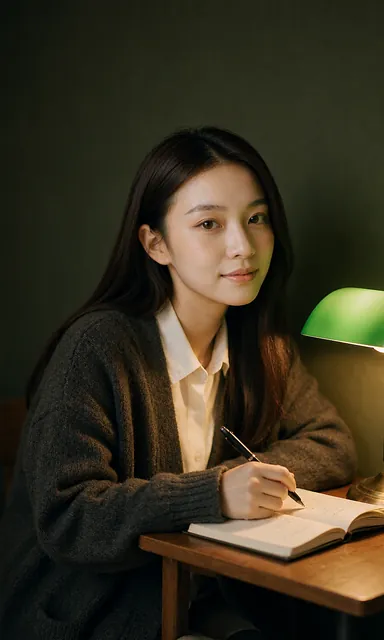 Woman in a wool cardigan writing in a notebook at a desk under a green glass reading lamp in a dark room